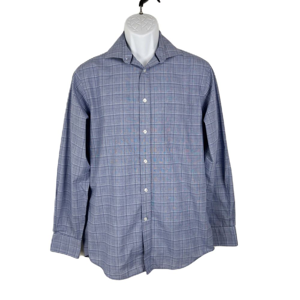 Tommy Hilfiger Dress Shirt Men Medium Blue Plaid Long Sleeve Button Down Stretch